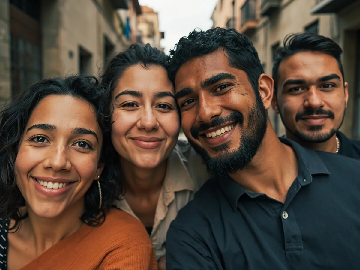 Computer-generated image: four friends laughing together in a group photo on a quest day out