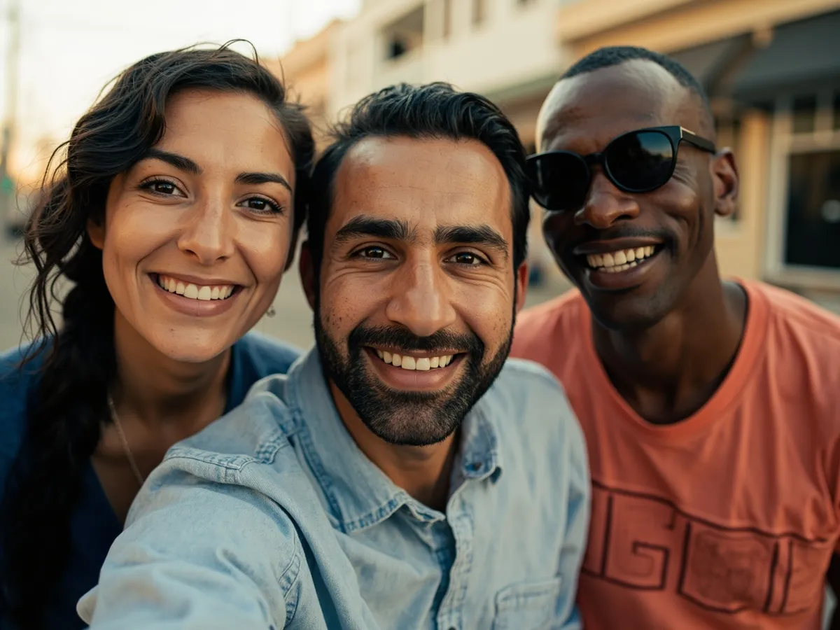 Computer-generated image: three friends laughing together in a group photo on a quest day out
