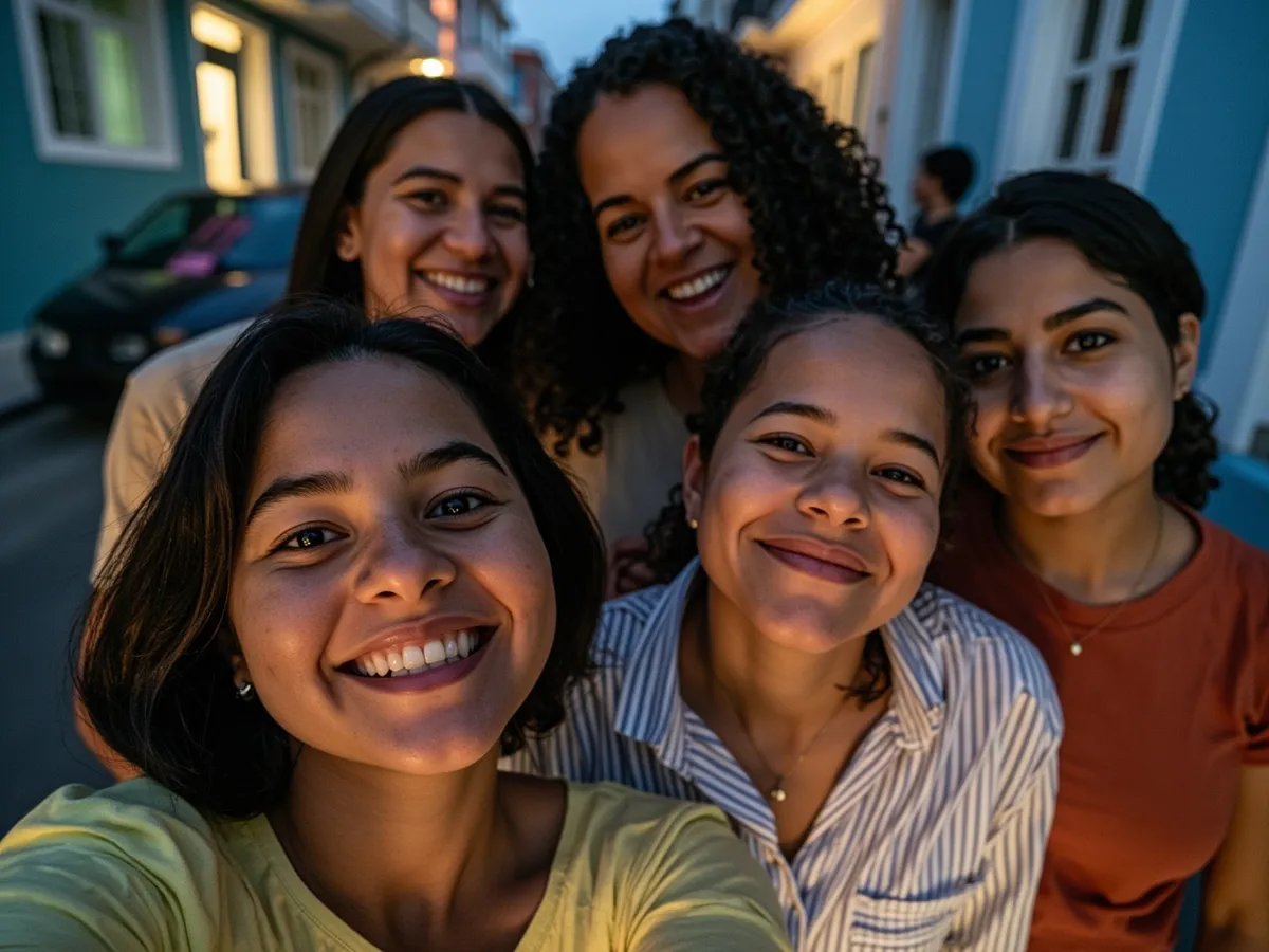 Computer-generated image: four friends laughing together in a group photo on a quest day out