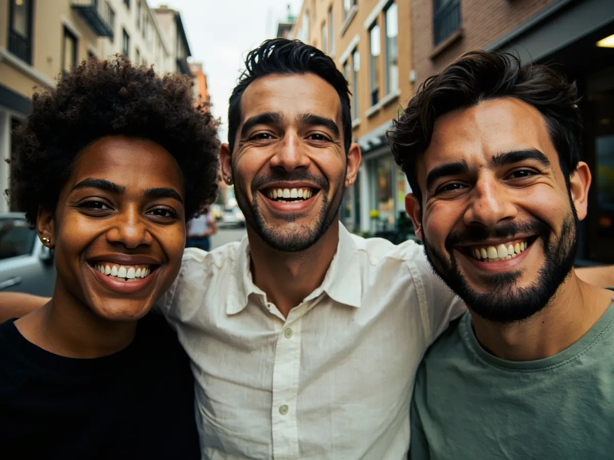 Computer-generated image: three friends laughing together in a group photo on a quest day out