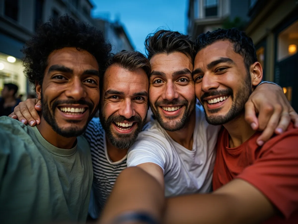 Computer-generated image: four friends laughing together in a group photo on a quest day out