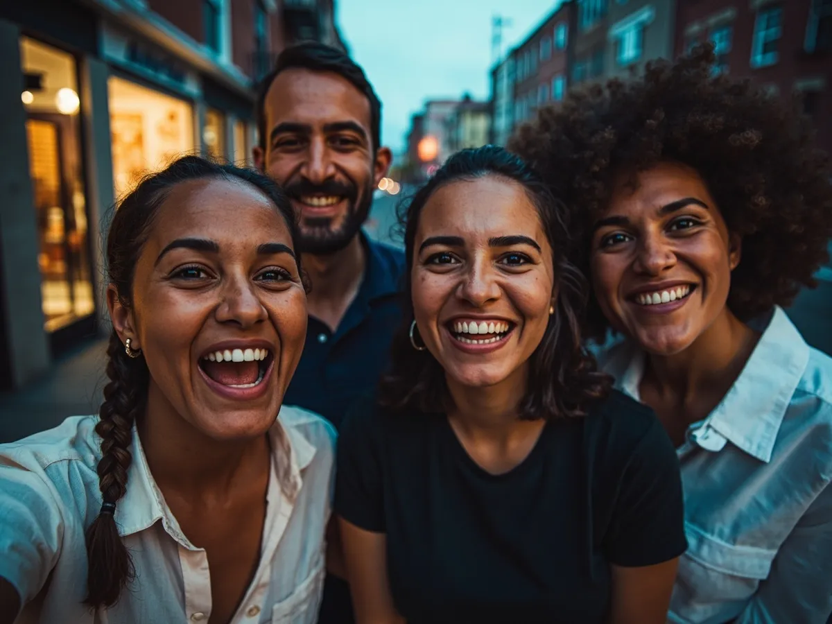 Computer-generated image: four friends laughing together in a group photo on a quest day out