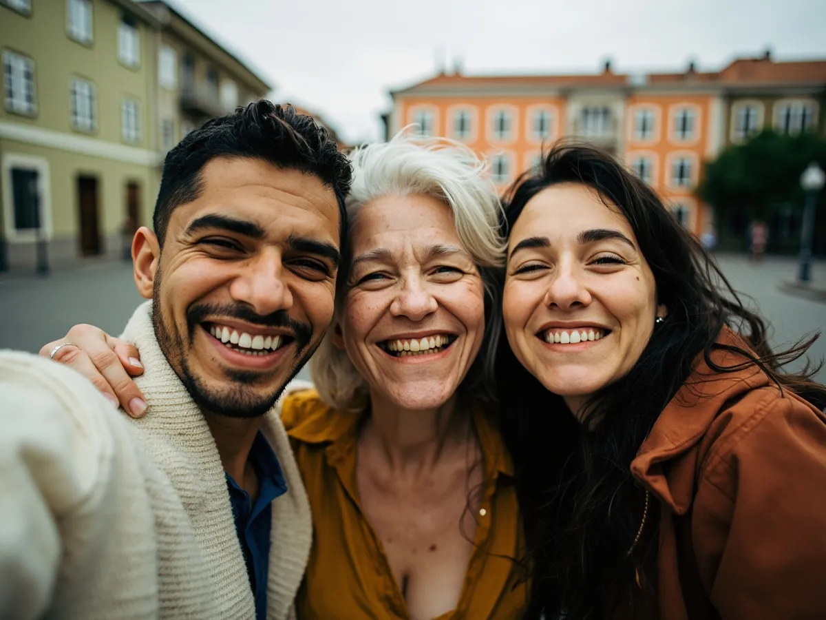 Computer-generated image: three friends laughing together in a group photo on a quest day out