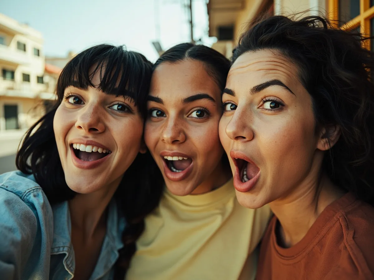 Computer-generated image: three friends laughing together in a group photo on a quest day out