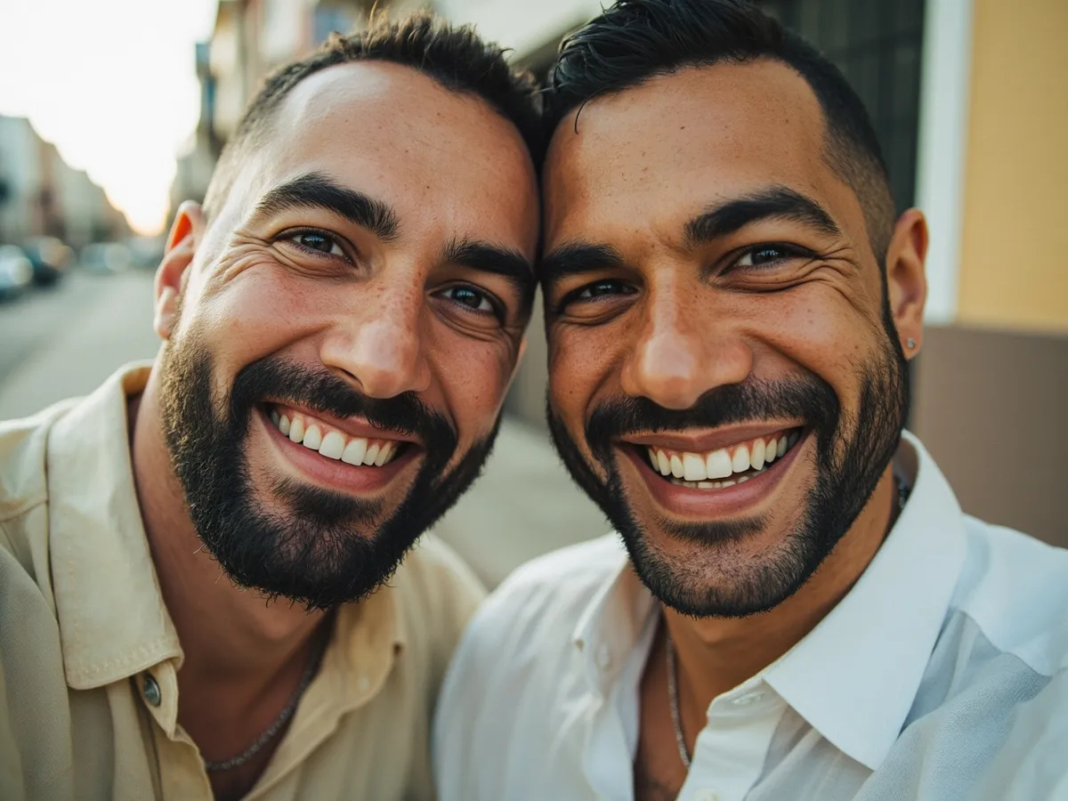Computer-generated image: two friends laughing together in a group photo on a quest day out