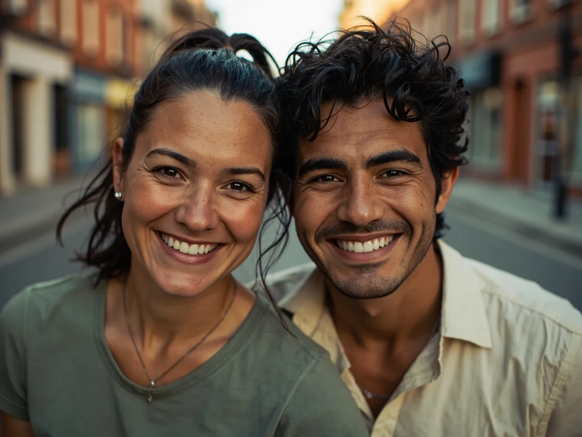 Computer-generated image: two friends laughing together in a group photo on a quest day out