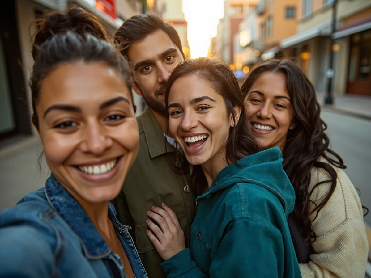 Computer-generated image: four friends laughing together in a group photo on a quest day out