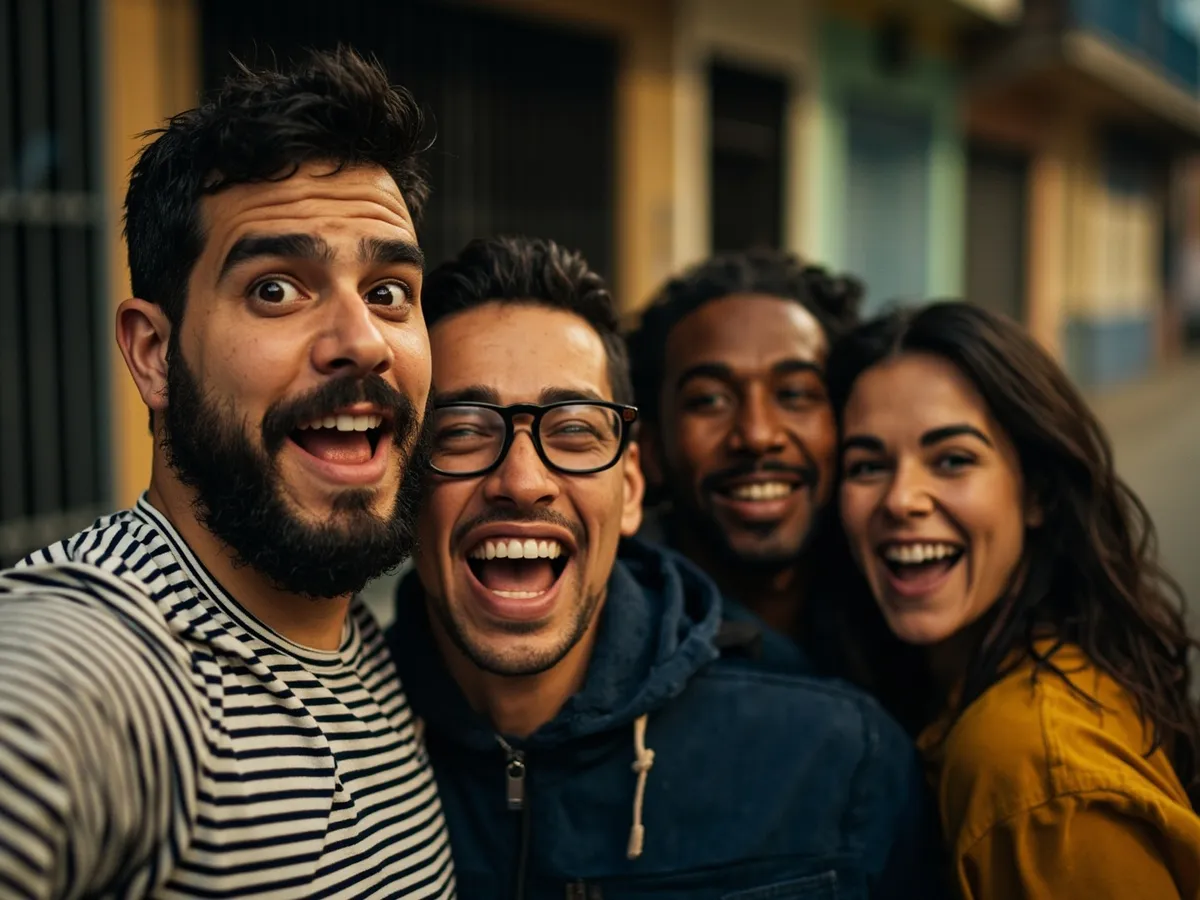 Computer-generated image: four friends laughing together in a group photo on a quest day out