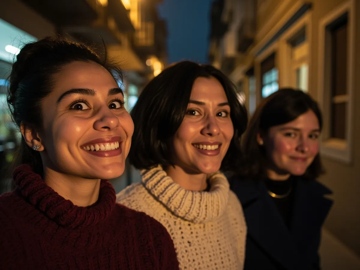 Computer-generated image: three friends laughing together in a group photo on a quest day out
