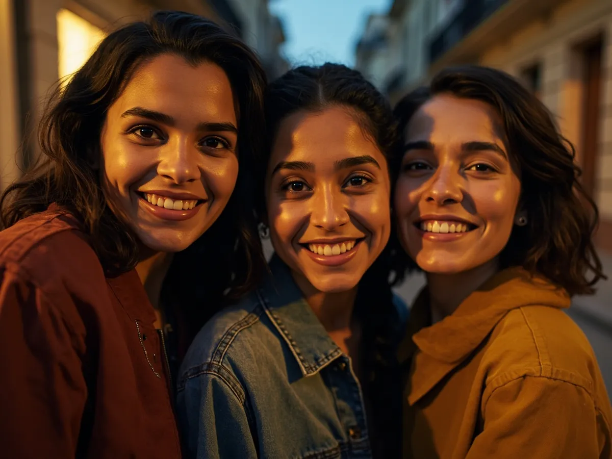 Computer-generated image: three friends laughing together in a group photo on a quest day out