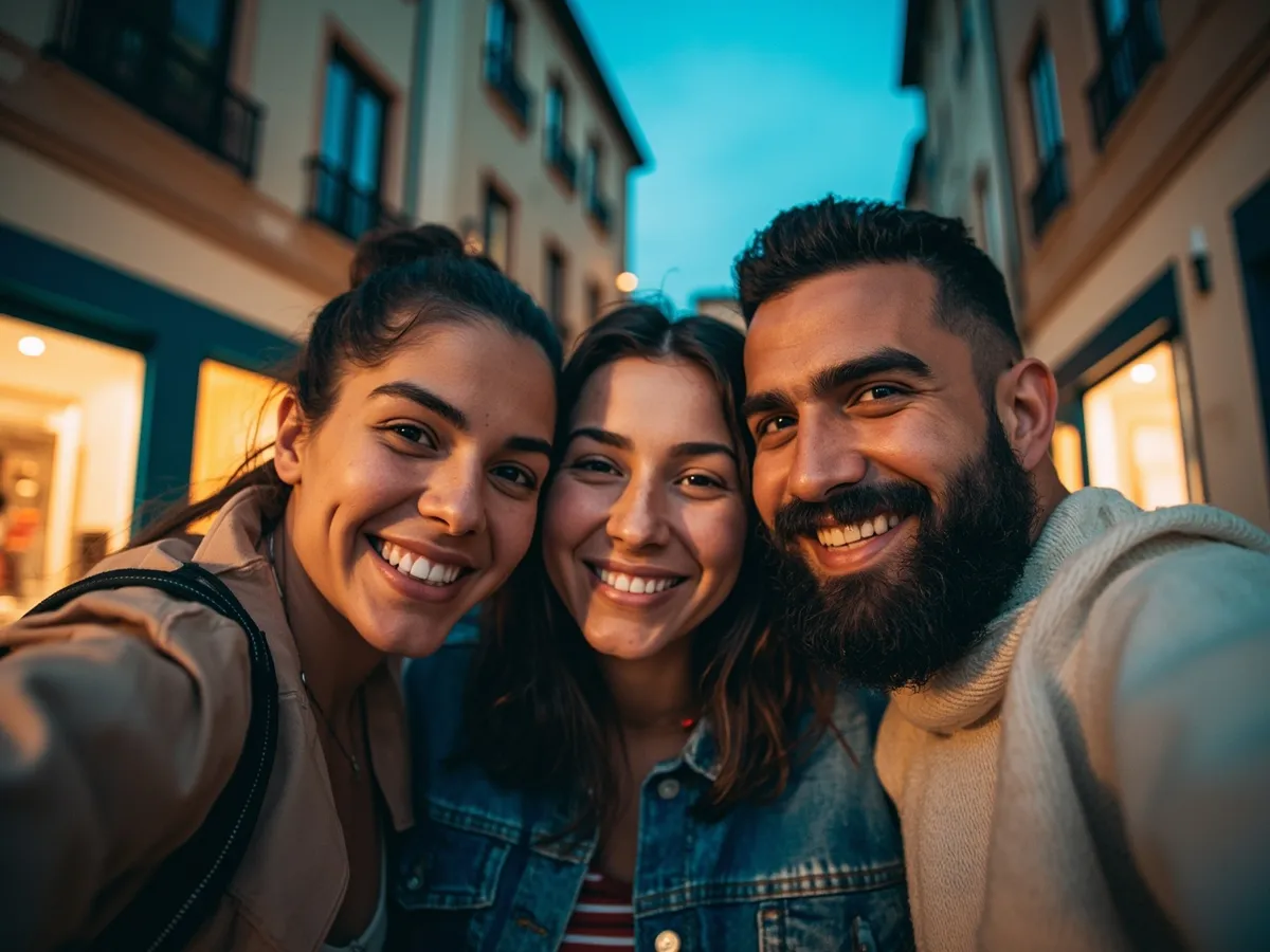 Computer-generated image: three friends laughing together in a group photo on a quest day out