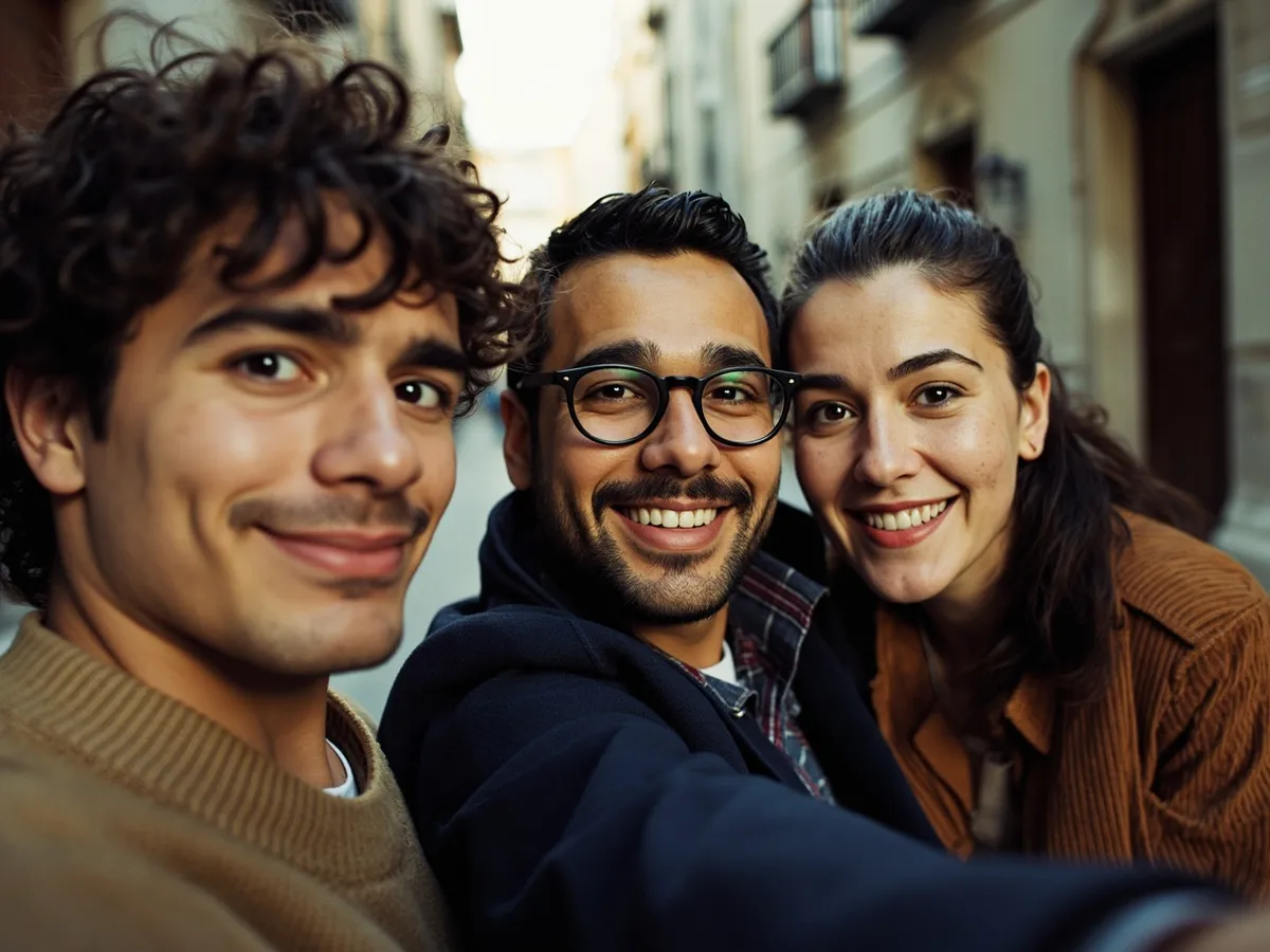Computer-generated image: three friends laughing together in a group photo on a quest day out
