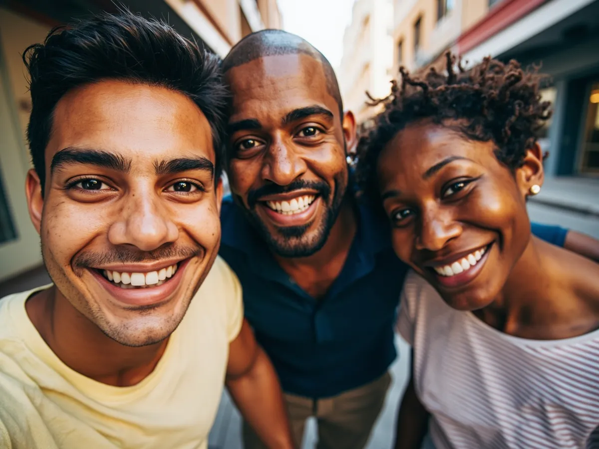 Computer-generated image: three friends laughing together in a group photo on a quest day out