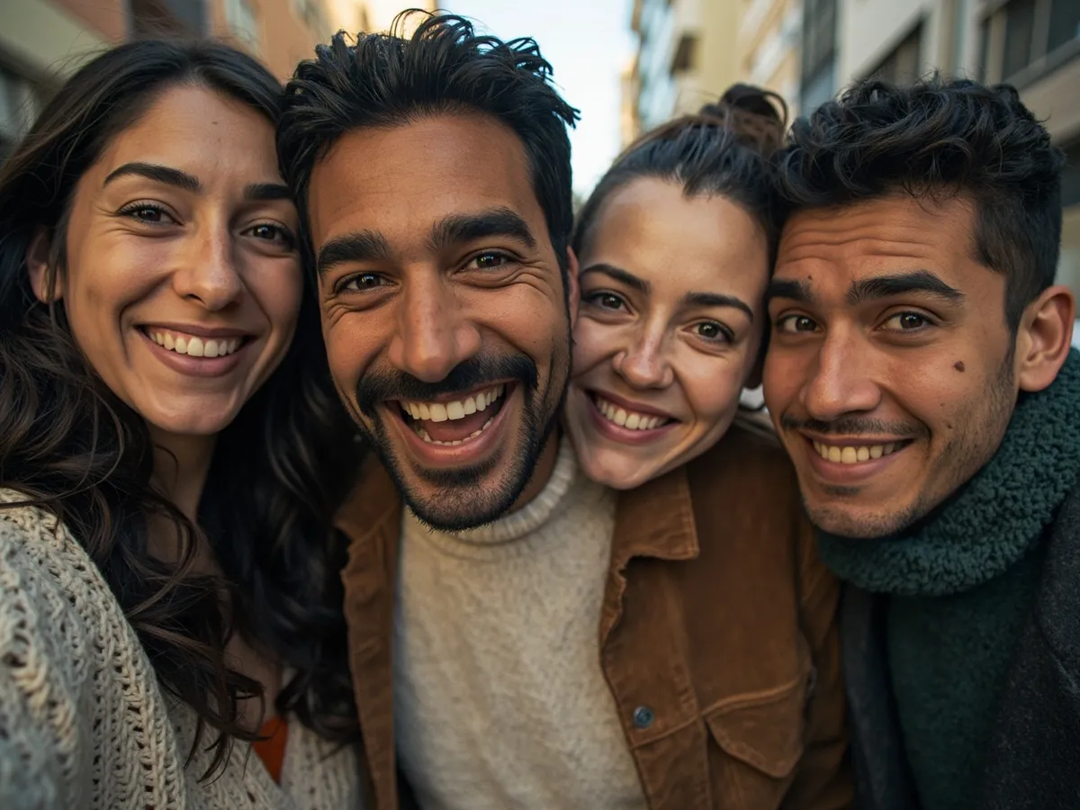 Computer-generated image: four friends laughing together in a group photo on a quest day out