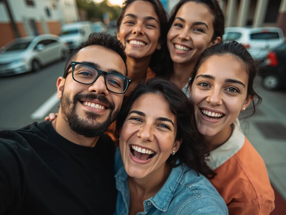 Computer-generated image: four friends laughing together in a group photo on a quest day out