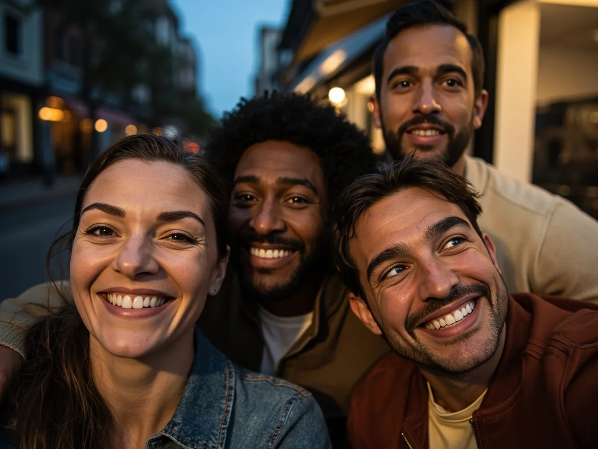 Computer-generated image: four friends laughing together in a group photo on a quest day out