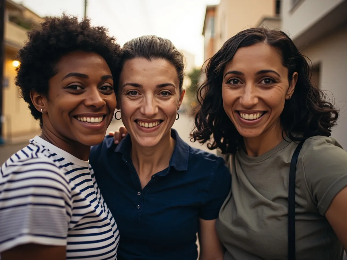Computer-generated image: three friends laughing together in a group photo on a quest day out
