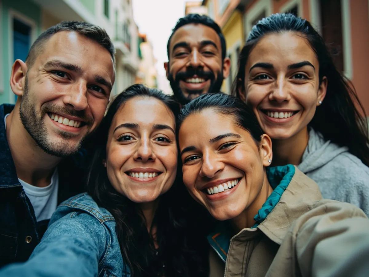 Computer-generated image: four friends laughing together in a group photo on a quest day out