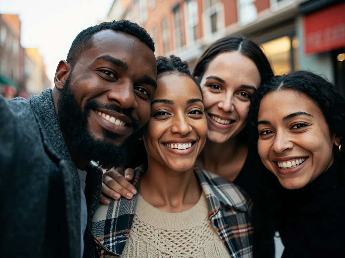 Computer-generated image: four friends laughing together in a group photo on a quest day out