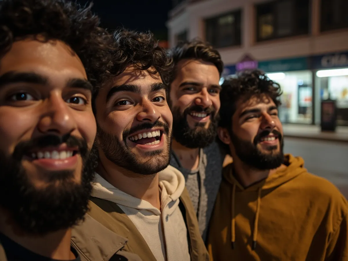Computer-generated image: four friends laughing together in a group photo on a quest day out