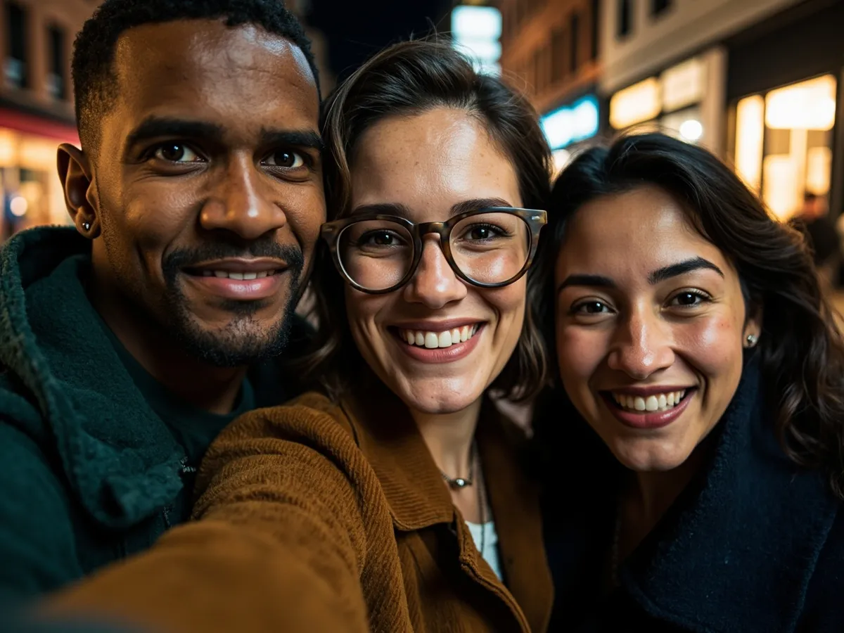 Computer-generated image: three friends laughing together in a group photo on a quest day out