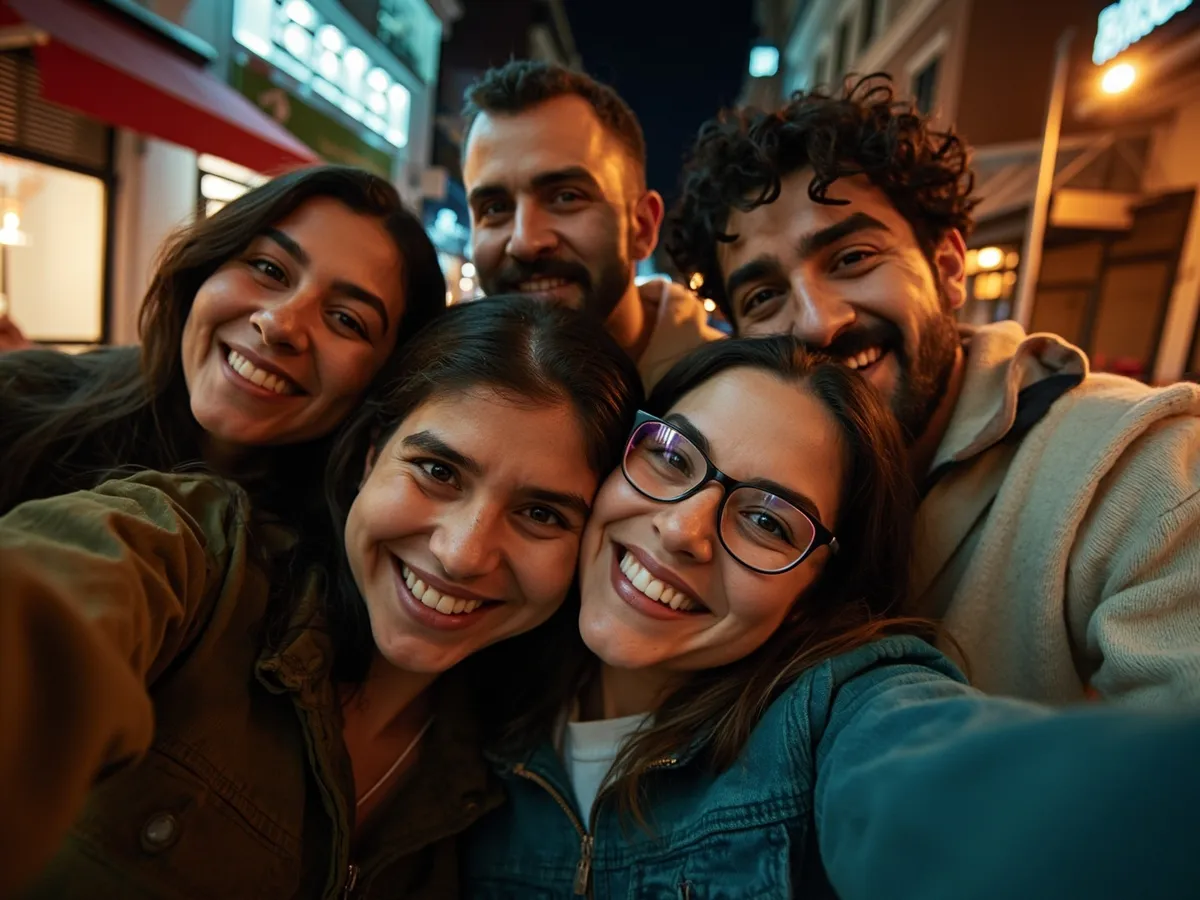 Computer-generated image: four friends laughing together in a group photo on a quest day out