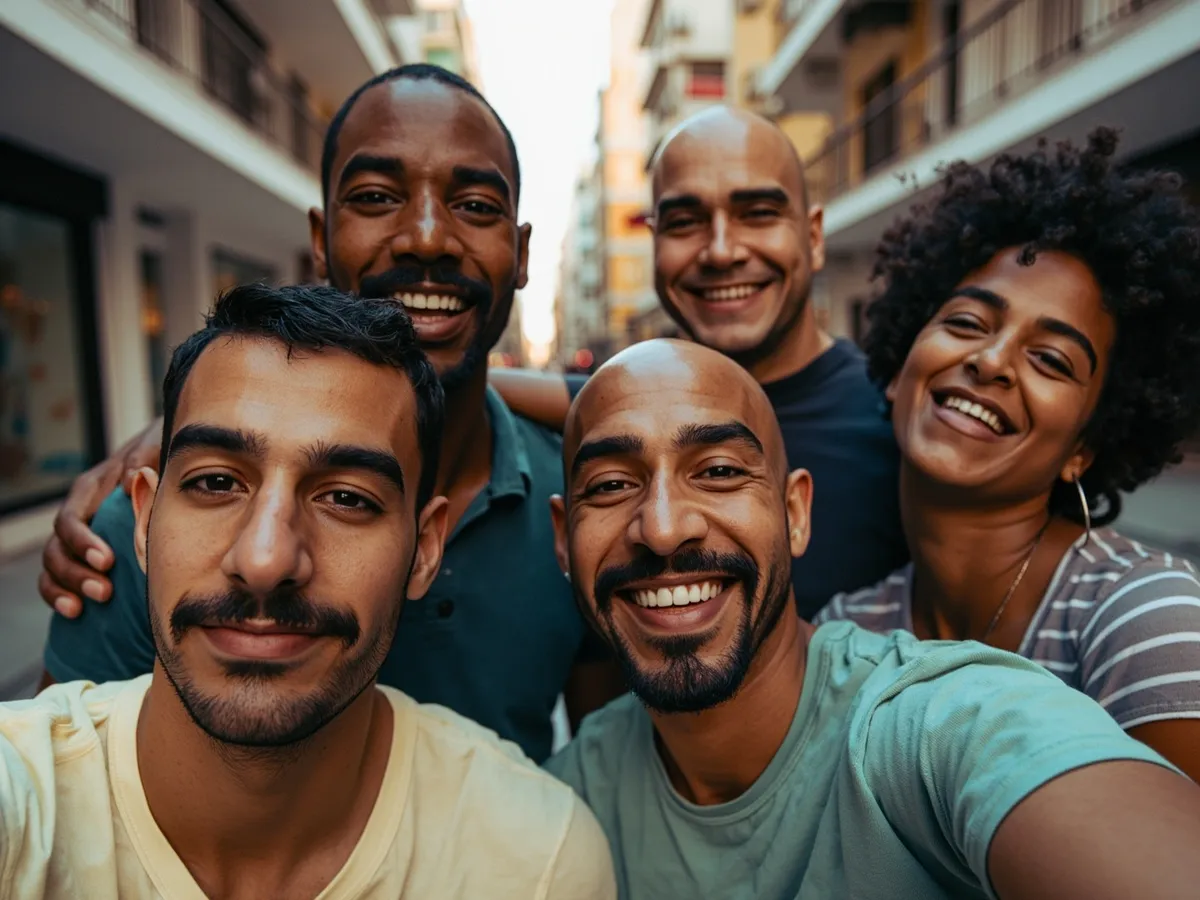 Computer-generated image: four friends laughing together in a group photo on a quest day out