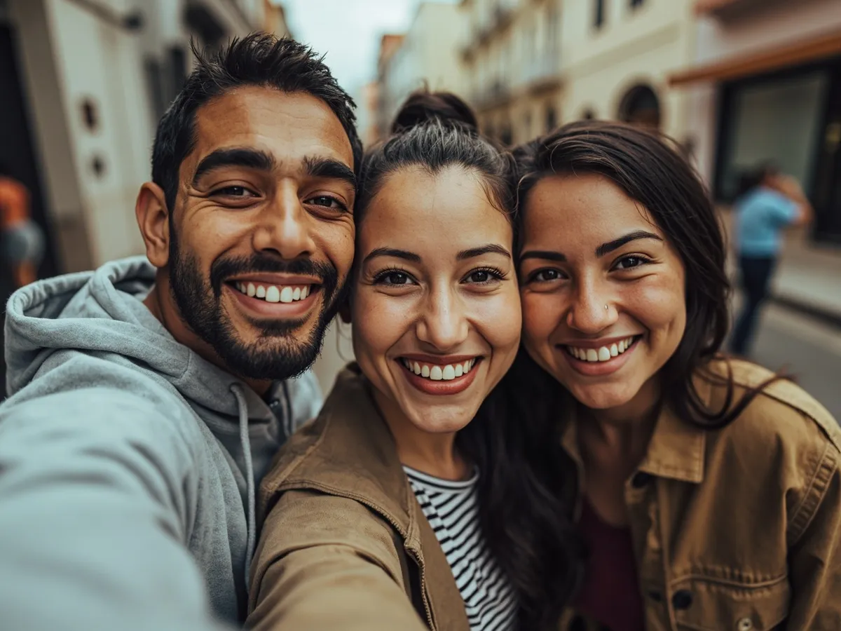 Computer-generated image: three friends laughing together in a group photo on a quest day out