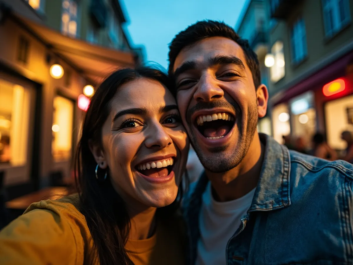 Computer-generated image: two friends laughing together in a group photo on a quest day out