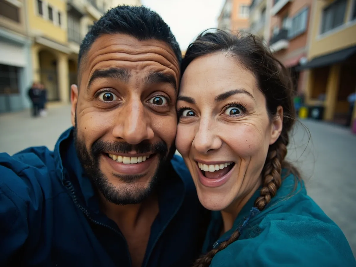 Computer-generated image: two friends laughing together in a group photo on a quest day out