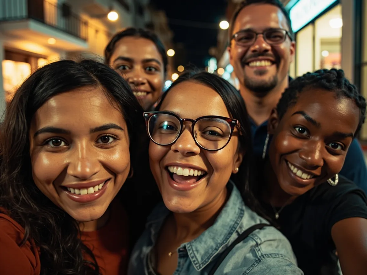 Computer-generated image: four friends laughing together in a group photo on a quest day out
