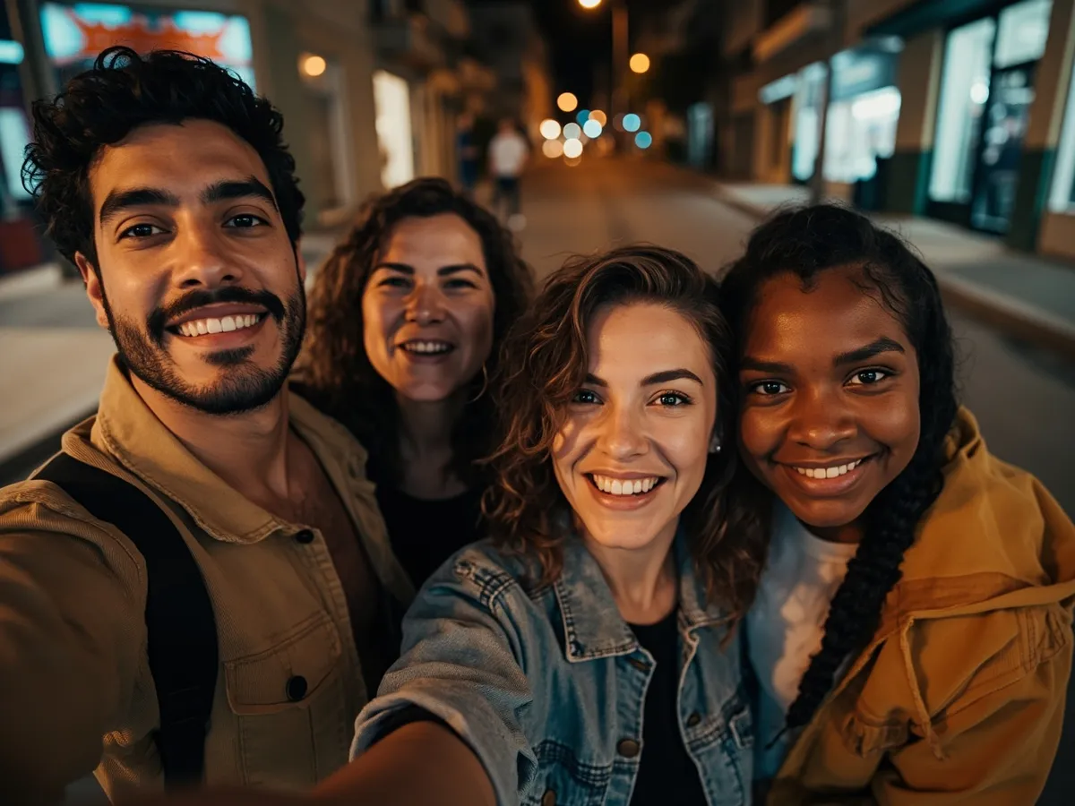 Computer-generated image: four friends laughing together in a group photo on a quest day out