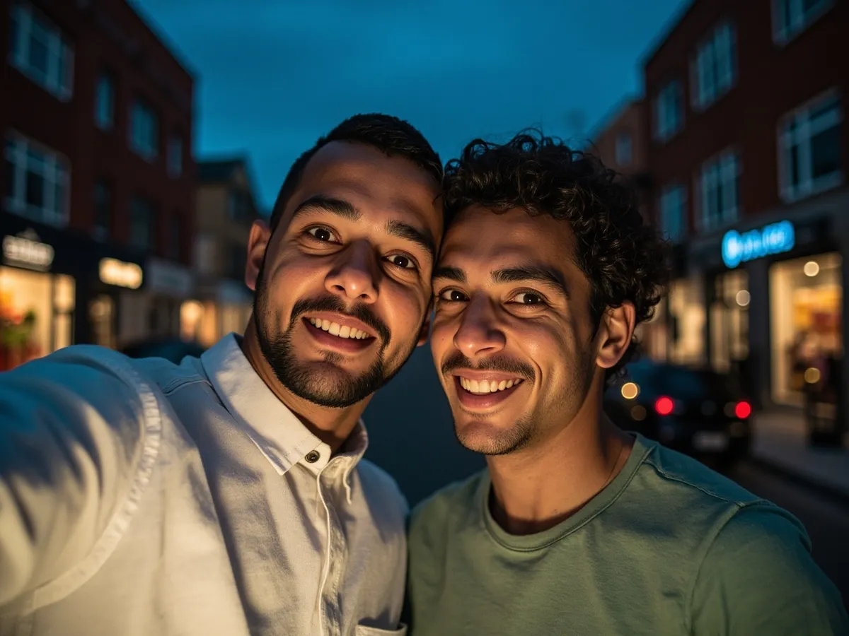 Computer-generated image: two friends laughing together in a group photo on a quest day out