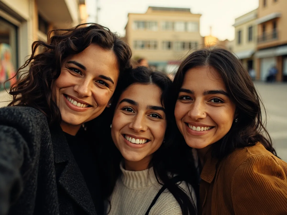 Computer-generated image: three friends laughing together in a group photo on a quest day out