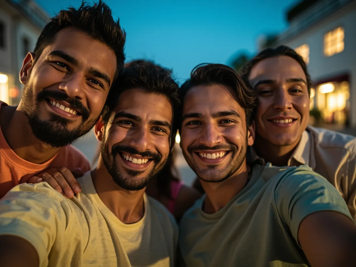 Computer-generated image: four friends laughing together in a group photo on a quest day out