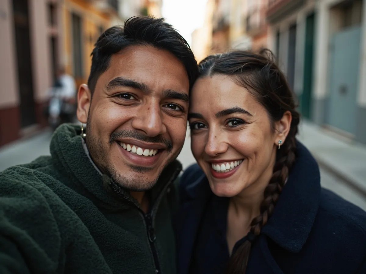 Computer-generated image: two friends laughing together in a group photo on a quest day out