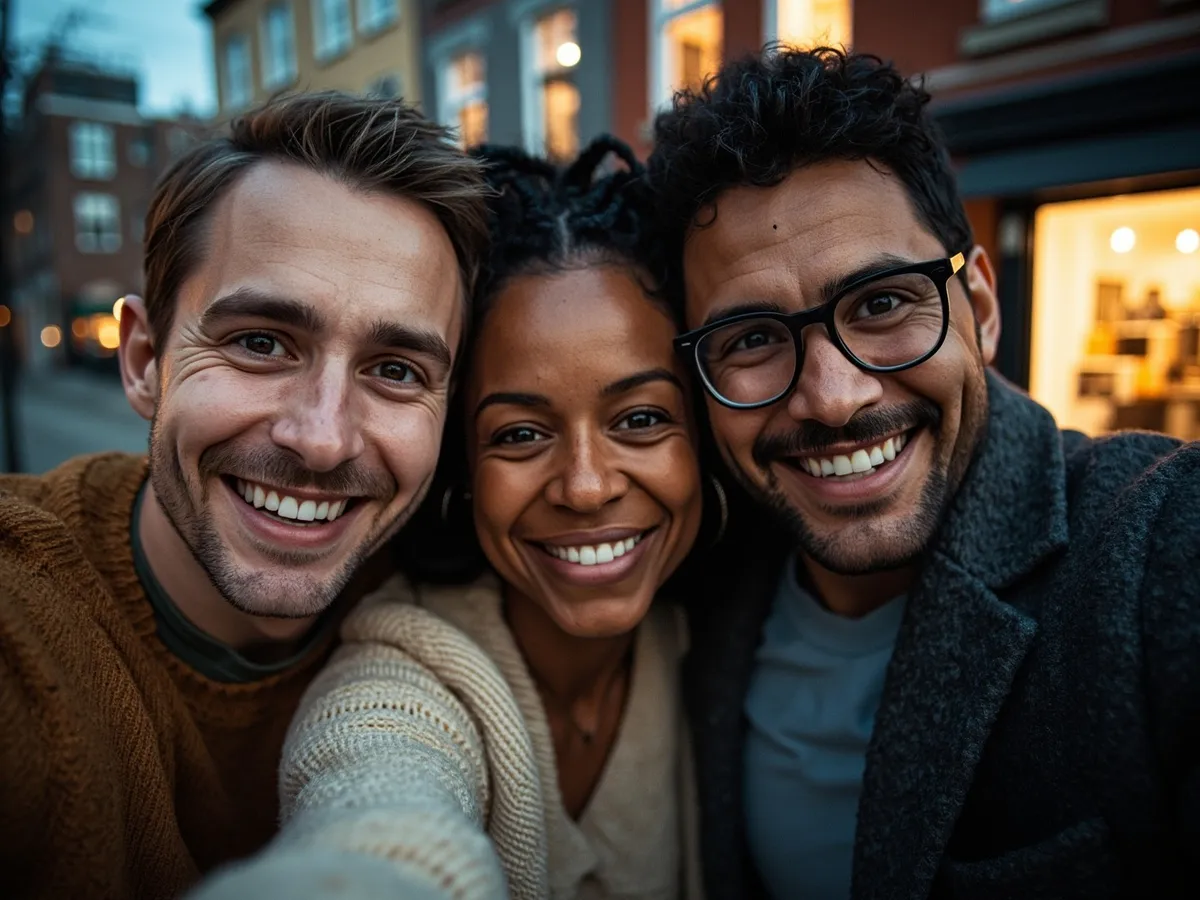 AI-generated illustration: three friends laughing together in a group photo on a quest day out