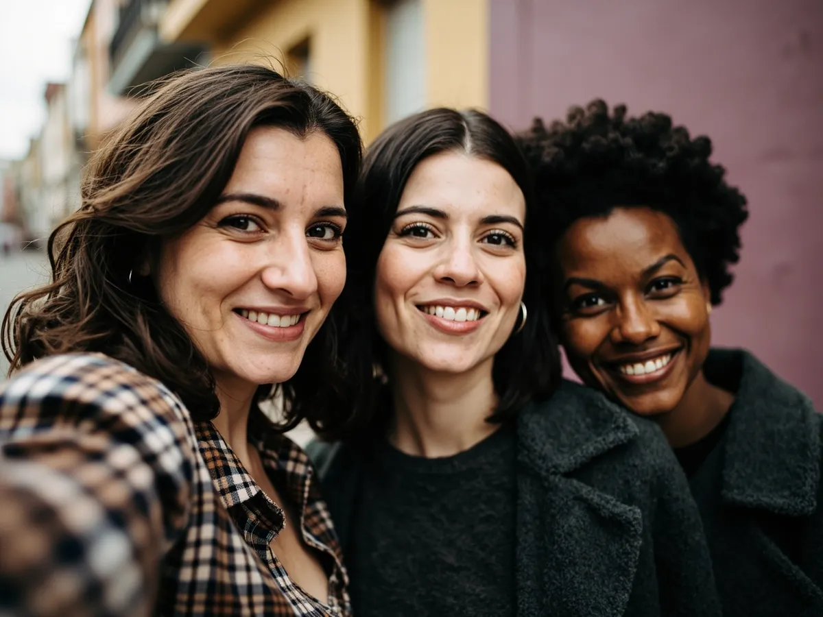 AI-generated illustration: three friends laughing together in a group photo on a quest day out