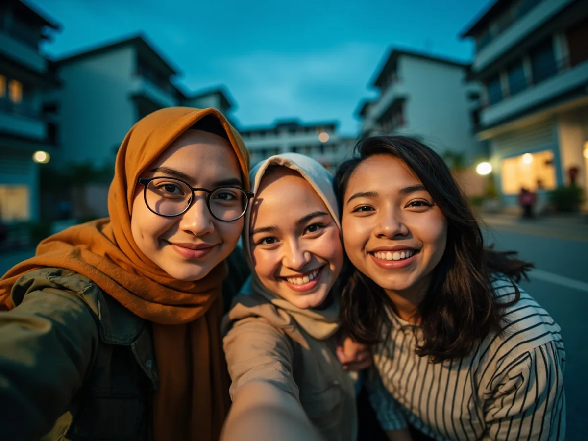 Computer-generated image: three friends laughing together in a group photo on a quest day out