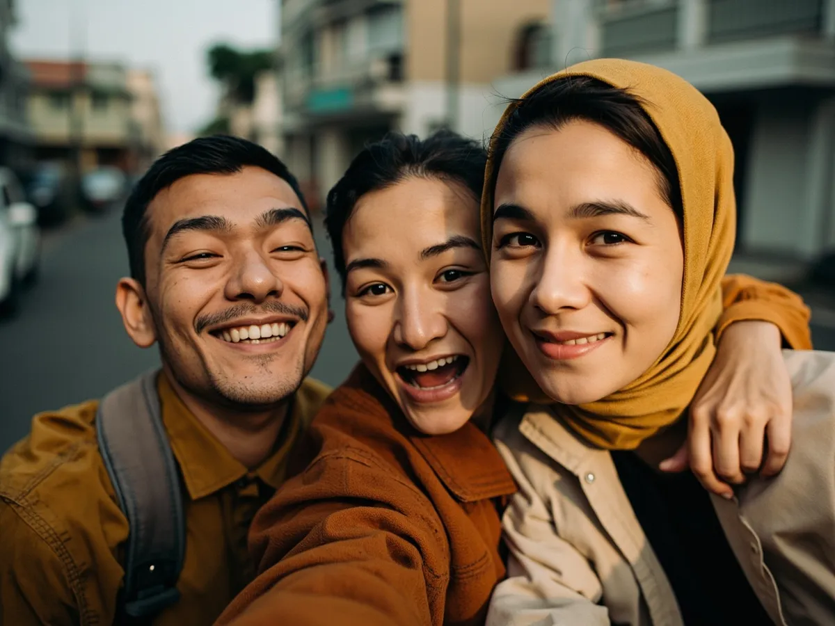 Computer-generated image: three friends laughing together in a group photo on a quest day out