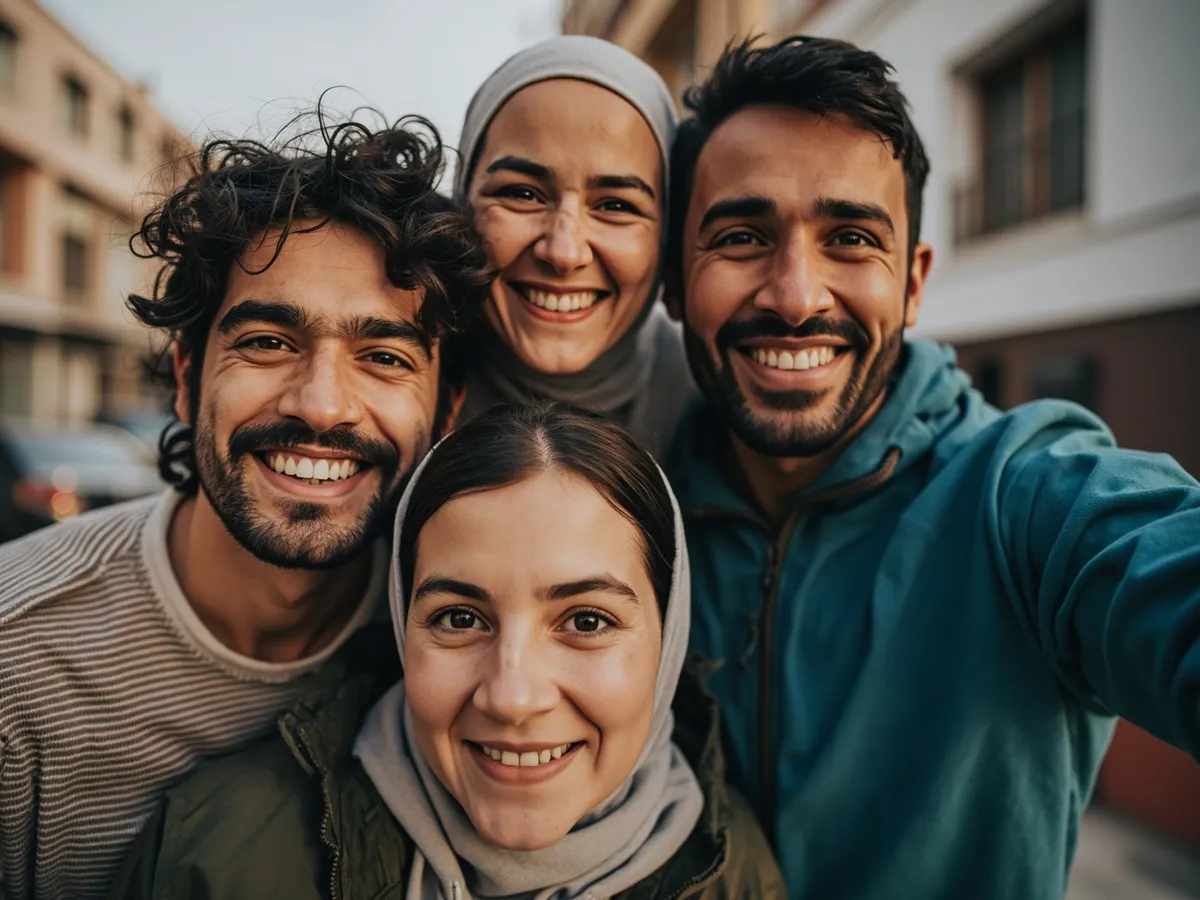 Computer-generated image: four friends laughing together in a group photo on a quest day out