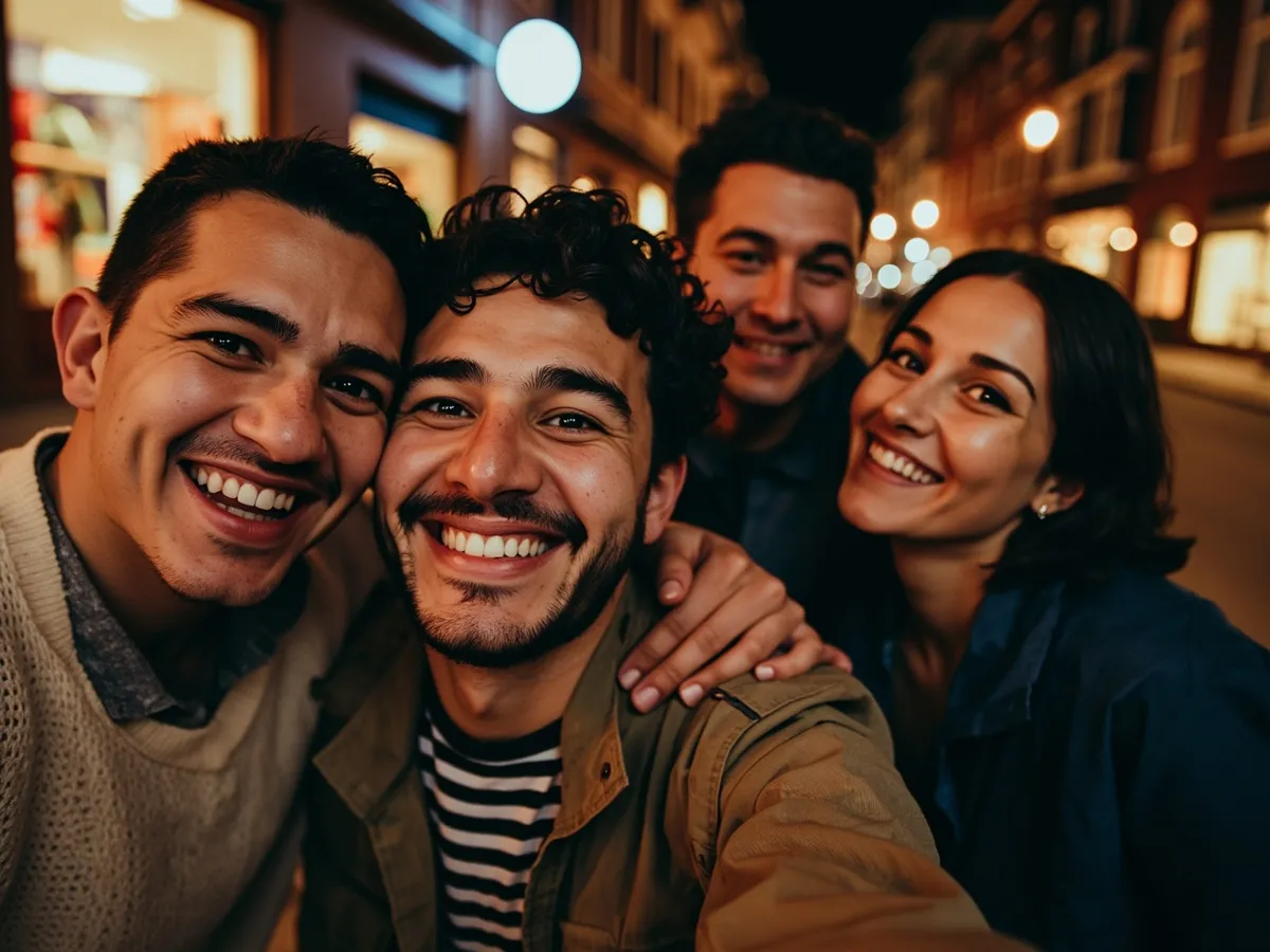 Computer-generated image: four friends laughing together in a group photo on a quest day out