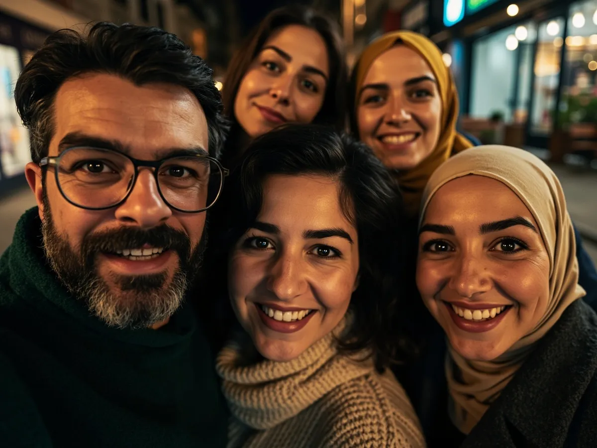 Computer-generated image: four friends laughing together in a group photo on a quest day out