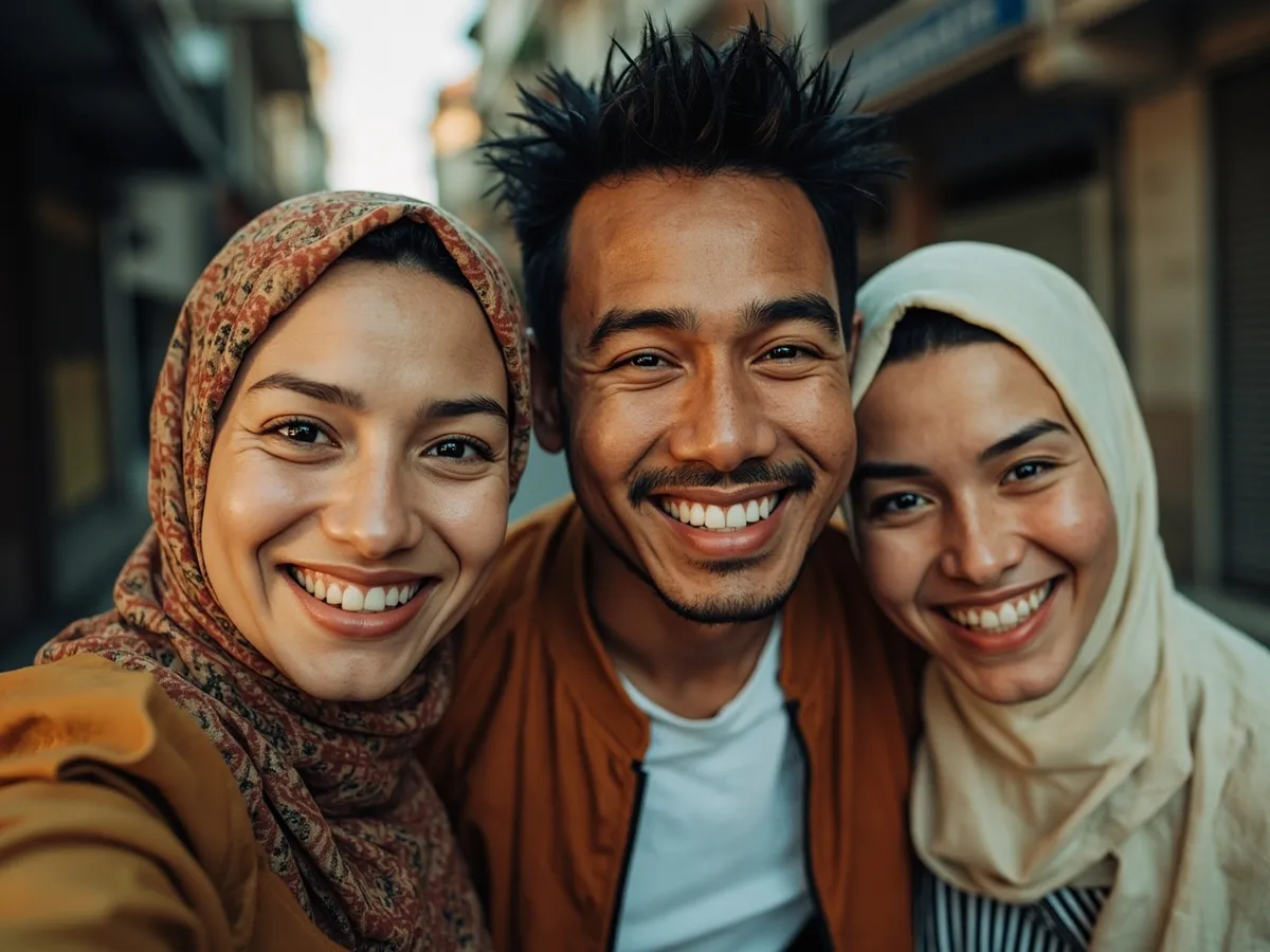Computer-generated image: three friends laughing together in a group photo on a quest day out