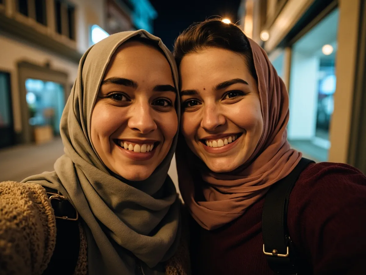 Computer-generated image: two friends laughing together in a group photo on a quest day out