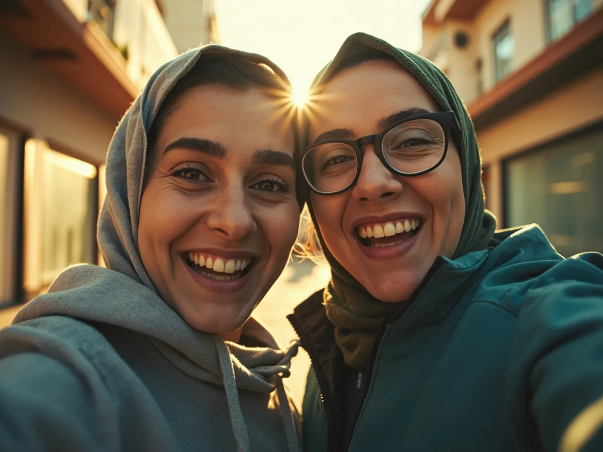 Computer-generated image: two friends laughing together in a group photo on a quest day out