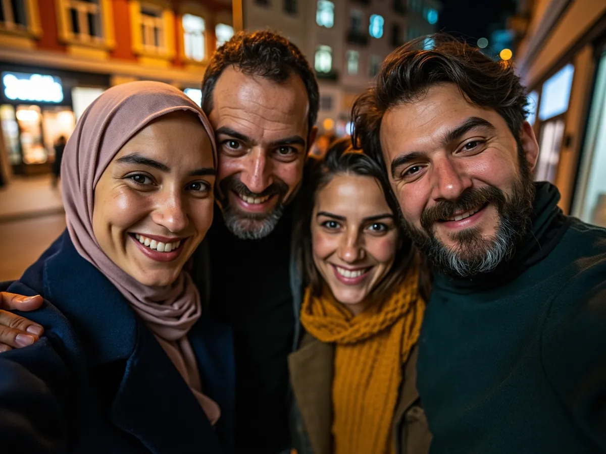 Computer-generated image: four friends laughing together in a group photo on a quest day out