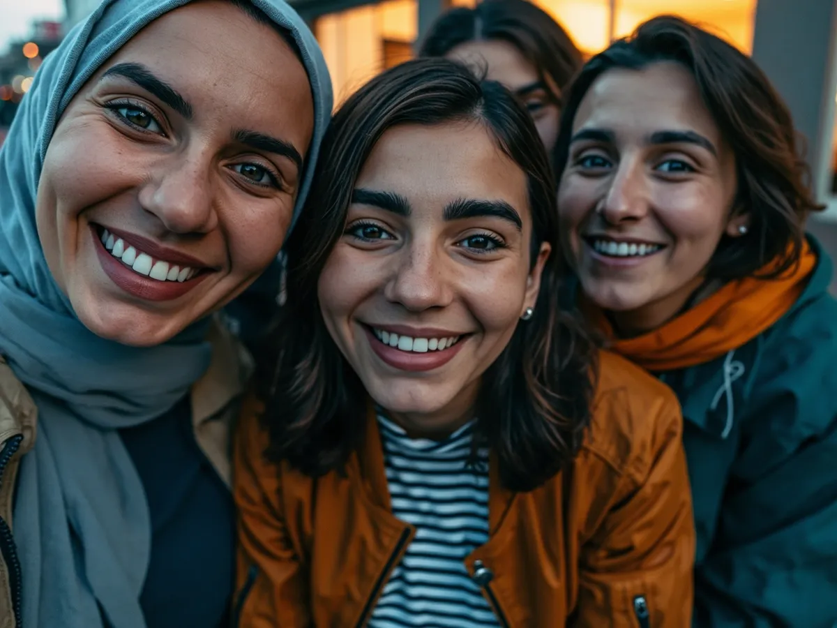 Computer-generated image: four friends laughing together in a group photo on a quest day out
