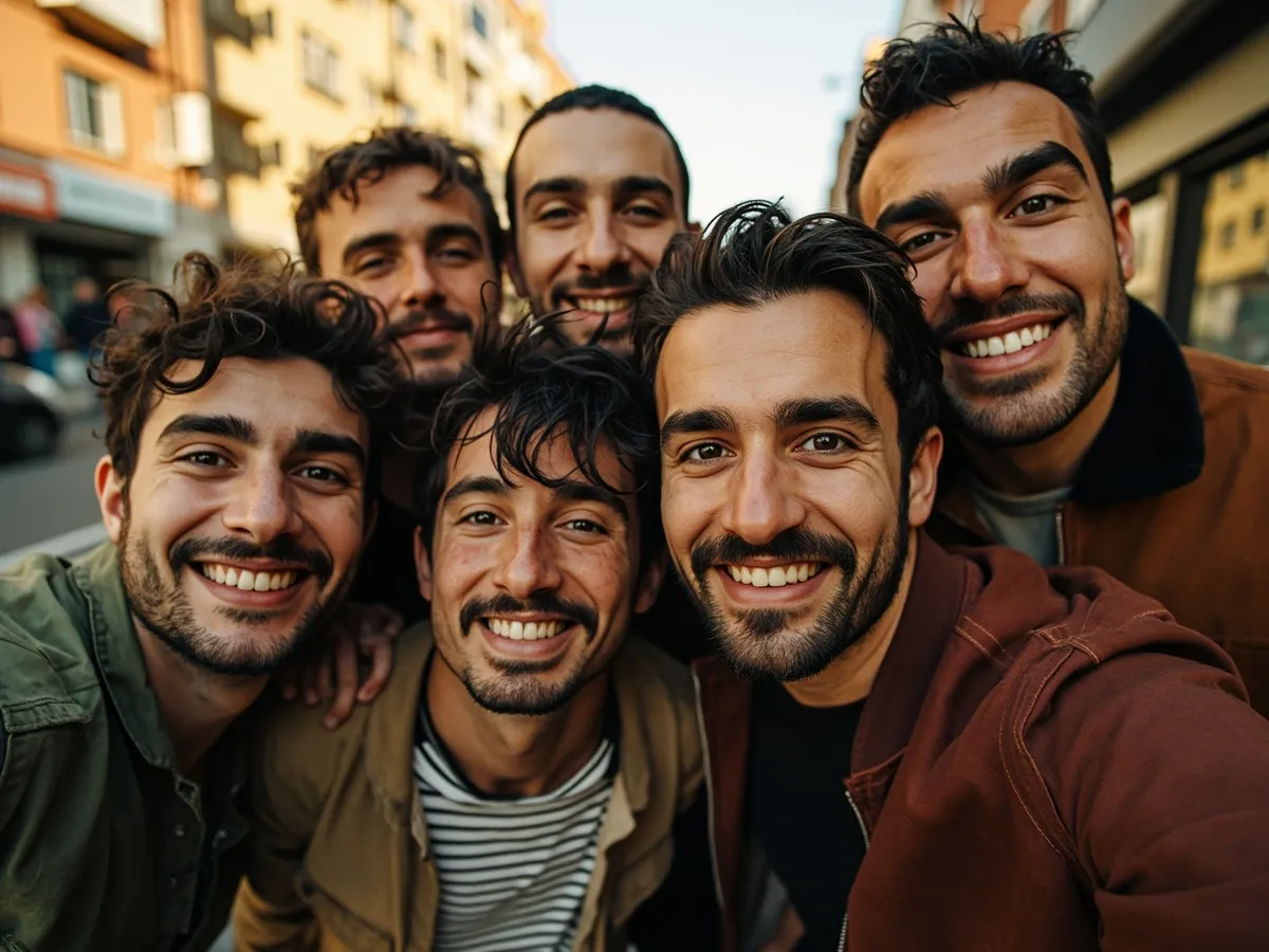 Computer-generated image: four friends laughing together in a group photo on a quest day out