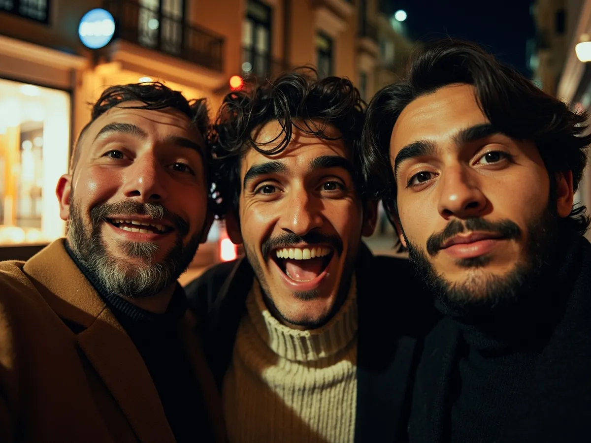 Computer-generated image: three friends laughing together in a group photo on a quest day out